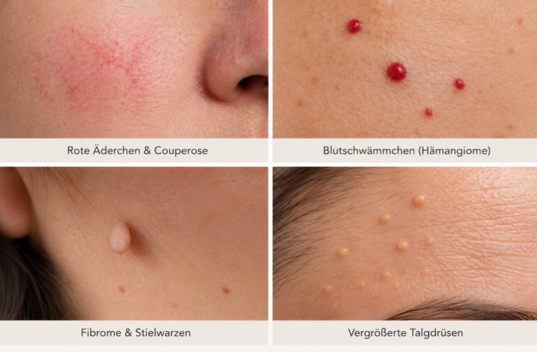 Clean Skin - Anwendungsbereiche bei Formidabel Kosmetik Dortmund Vier Hautaufnahmen mit roten Äderchen, Couperose, Blutschwämmchen, Fibromen und vergrößerten Talgdrüsen als Anwendungsbeispiel in Dortmund